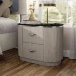 Modern 2-drawer nightstand with USB port, English dovetail design, gold capped legs in walnut finish