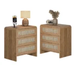 Rattan nightstand set of 2 with 3 drawers and curved design in caramel oak finish on Goldoma