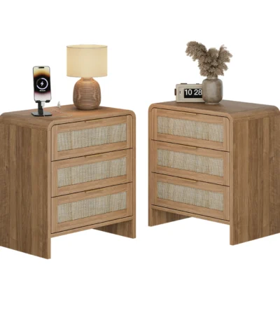 Rattan nightstand set of 2 with 3 drawers and curved design in caramel oak finish on Goldoma
