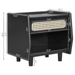 Black nightstand with rattan drawer detail and open shelf in a modern bedroom