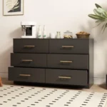 Modern lighted 6-drawer chest with gold handles in black finish for bedroom storage