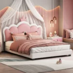 Goldoma Princess Bed with tufted crown headboard in cream and pink - twin platform bed