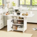 47 inch white folding dining table with storage shelves and six wheels in a modern living room