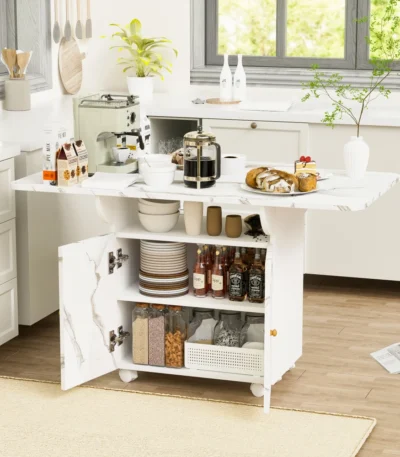 47 inch white folding dining table with storage shelves and six wheels in a modern living room