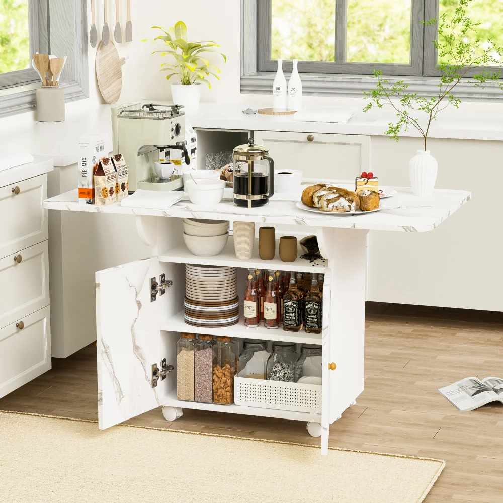 H1ab2beadef21435fbf1f1e030d2bae62A.webp Space saving dining table with storage shelves and wheels in white MDF