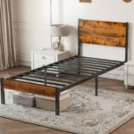 Goldoma twin platform bed frame with black headboard and footboard, sturdy metal slats, no box spring needed