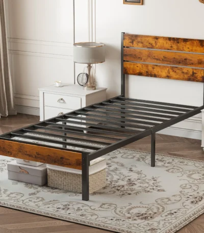 Goldoma twin platform bed frame with black headboard and footboard, sturdy metal slats, no box spring needed