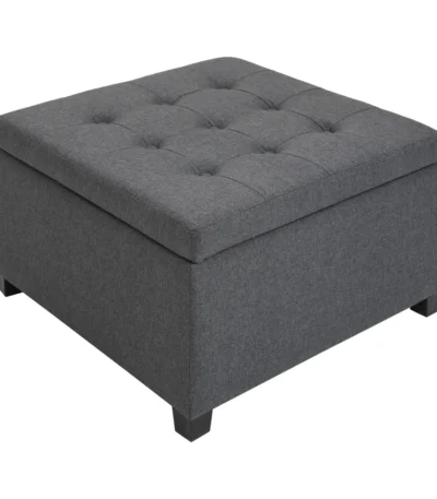 Gray tufted storage ottoman with flip top lid and hidden storage in a modern living room