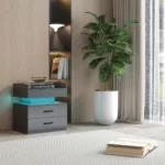 Modern nightstand with adjustable LED strip light and two drawers in glossy grey finish for bedroom storage and bedside organization