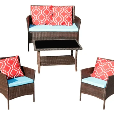 Brown outdoor rattan sofa set with plush cushions on a patio