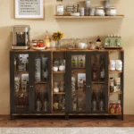 Mid-century modern storage cabinet with doors and mesh panels in a living room