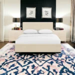 Goldoma white upholstered platform bed queen with storage nightstands and plush headboard in a modern bedroom