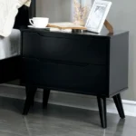Mid century modern black nightstand with two drawers and round tapered legs, solid wood construction for bedroom storage