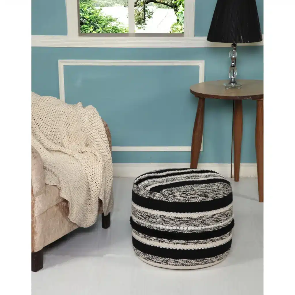 Goldoma 18" White Cotton Cylinder Striped Pouf Ottoman - Foot Stool & Extra Seat – styled in a modern Ottomans &