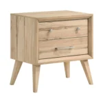 Classic mid-century nightstand with two drawers in natural oak finish, featuring angled legs and lacquered surface.