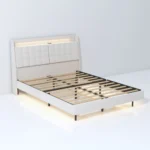 King floating bed frame with LED lighting and charging station in a modern bedroom