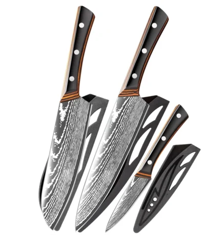 IOKO 3 PCS Stainless Steel Chef Kitchen Knife Set Santoku Sushi Japanese Style Butcher Cleaver Chef Utility Kitchen Knife Set