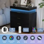 Modern LED nightstand with three drawers and blue glow in bedroom setting