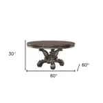 Gray solid pine wood round dining table 60 inch with pedestal base in a dining room setting