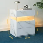 LED nightstand 3 drawer with white stone acrylic finish, featuring three storage drawers and ambient LED lighting.