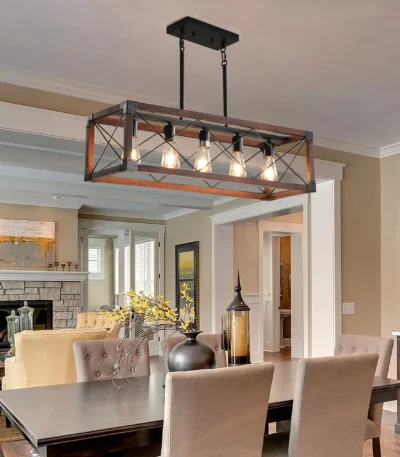 Ship From USA,32" Red Wood Industrial Farmhouse Rectangle Pendant Light, 5-Light Chandelier(No Bulbs)