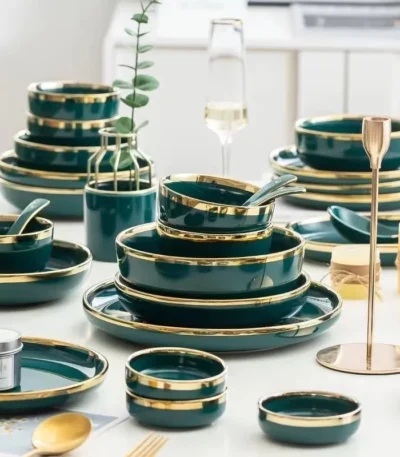 Green With Gold Inlay Quality Plates Full Set Luxury Steak Food Tray Ceramic Dinner Dish Salad Bowl Spoon Porcelain