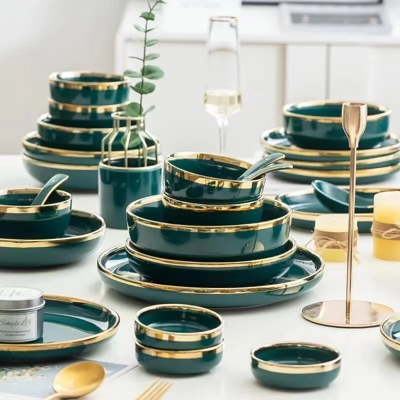Luxury dinnerware set green porcelain with gold inlay on dining table