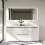 Wholesale 72-inch bathroom vanity unit in white with double artificial stone sink, front view against a tiled wall