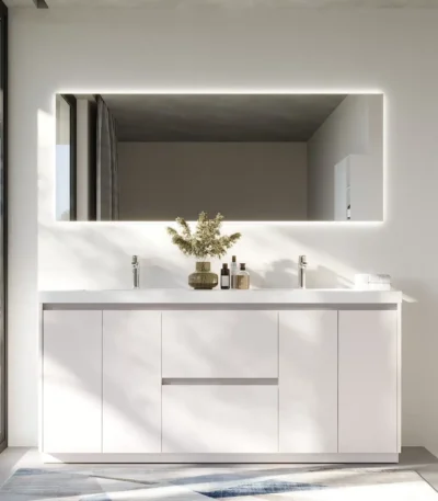 Wholesale 72-inch bathroom vanity unit in white with double artificial stone sink, front view against a tiled wall