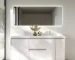 Wholesale 72-inch bathroom vanity unit in white with double artificial stone sink, front view against a tiled wall