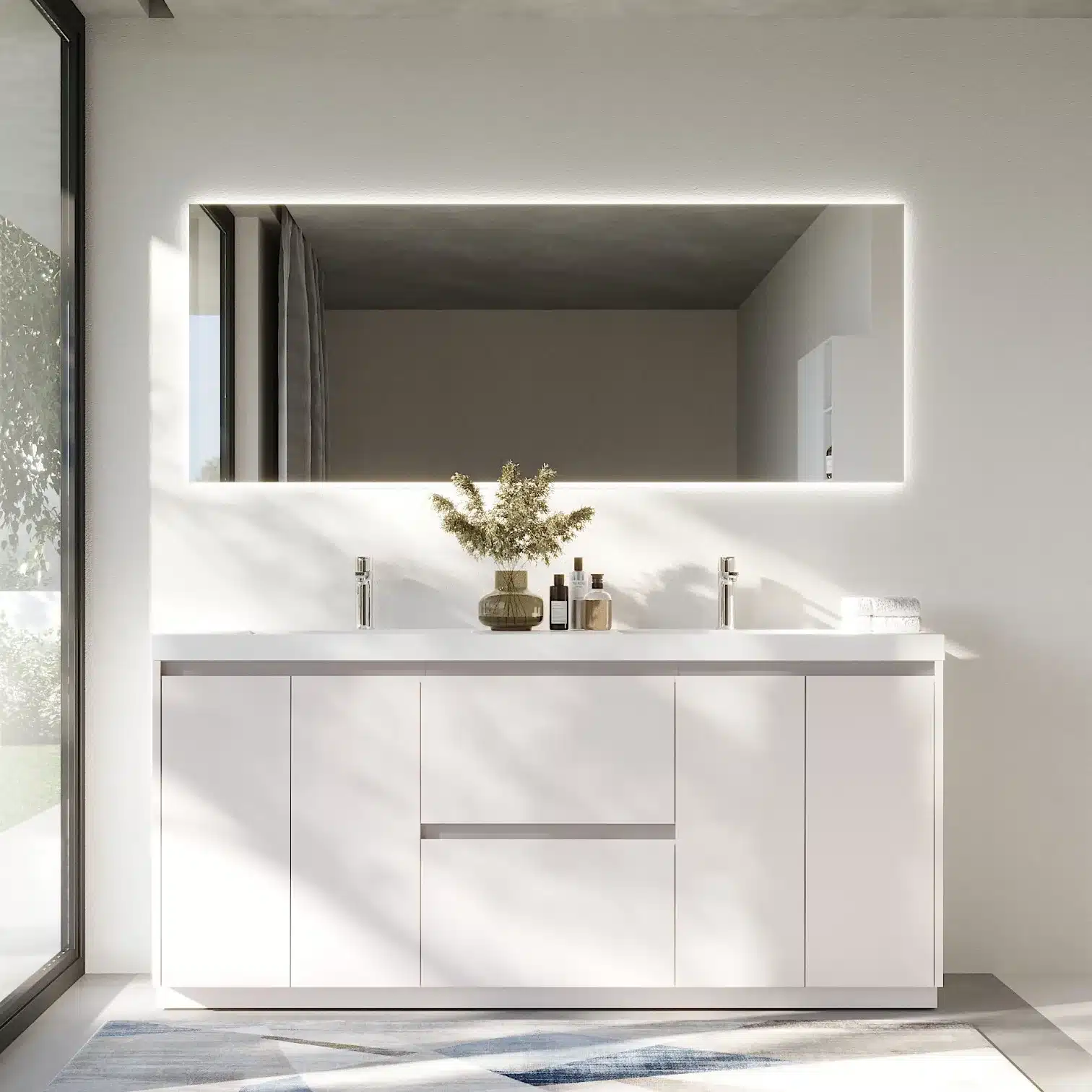 Wholesale 72-inch bathroom vanity unit in white with double artificial stone sink, front view against a tiled wall