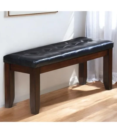 Modern entryway bench with black faux leather seat and espresso wood legs - Goldoma 48-inch upholstered bench