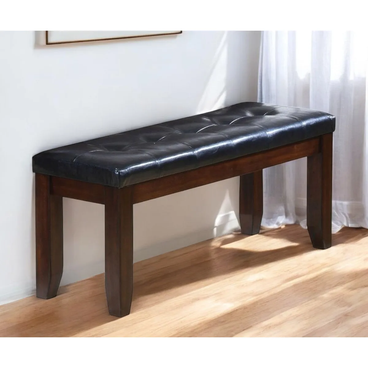 H1cc2ea251bb04f5ba879278c334e5598v.webp Modern entryway bench with black faux leather seat and espresso wood legs - Goldoma 48-inch upholstered bench