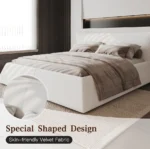 King size platform bed with velvet headboard and metal frame in a modern bedroom