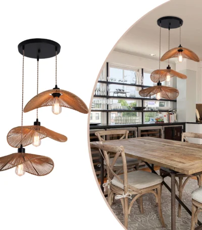 3-Light Boho Rattan Pendant Light, Handwoven Bamboo Fixture, Dimmable, E26 Base, Adjustable Height for Bedroom, Living Room