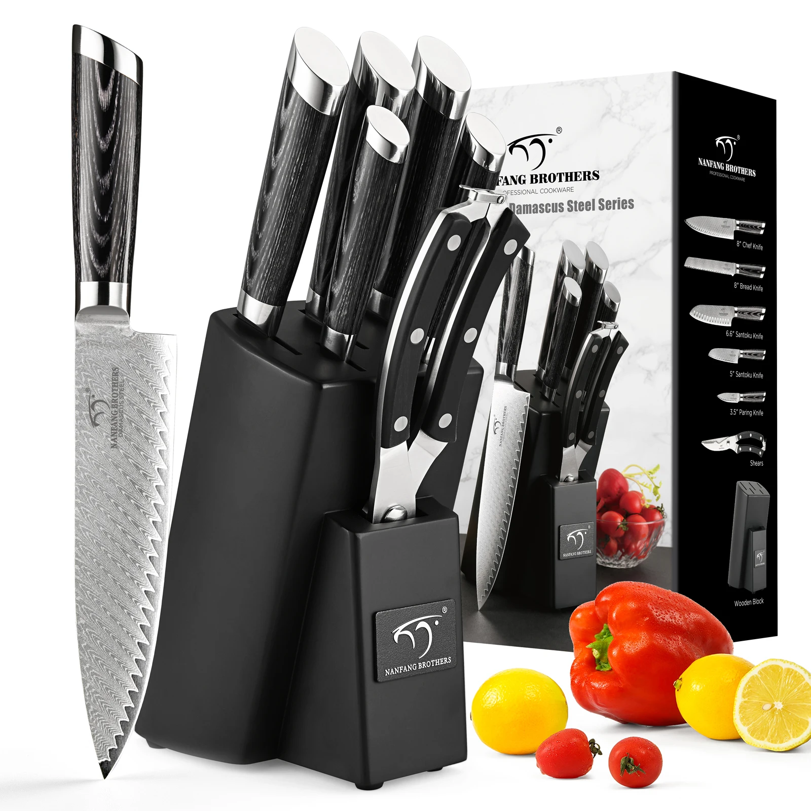 7 Pcs Pakka Wood Handle Damascus Steel Utility Kitchen Knife Set with Wooden Knife Holder Scissors