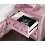 Pink velvet nightstand with two drawers and crystal knobs - modern luxury bedside table for bedroom