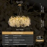 Modern crystal chandelier with gold leaves and clear crystals in a luxury living room