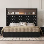 Queen size velvet tufted storage bed frame with 52-inch headboard, USB port and night light in a modern bedroom