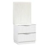 Pearl white nightstand with two drawers and upholstered fabric panel - modern bedside storage table