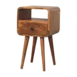 Solid oak mini nightstand with drawer and open shelf in brown finish, perfect for small bedrooms