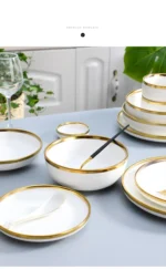 Nordic Style Gold Inlay Bright White Porcelain Dinner Sets Ceramic Bowl Dish Plates Set Porcelain Dinnerware For Household