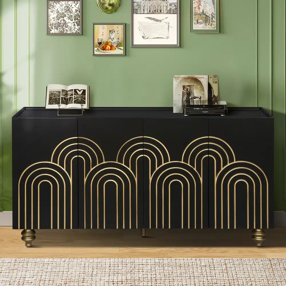 Modern Fluted Sideboard Buffet with Storage, Curve Element with Strict Lines, 4 Doors Storage Cabinet with Adjustable Shelves