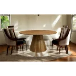 60-inch solid wood pedestal dining table with lazy susan in natural distressed finish, seating six people comfortably