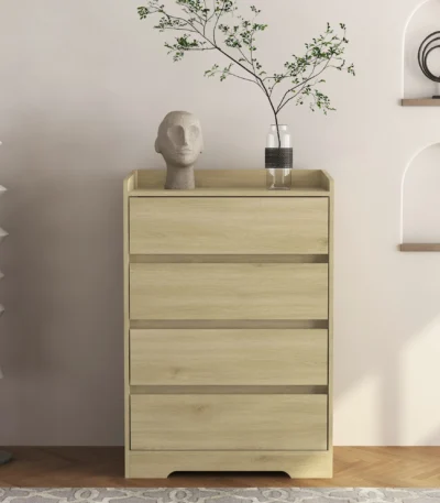 4 drawer dresser chest in minimalist wood finish with handle-free design, perfect for bedroom storage