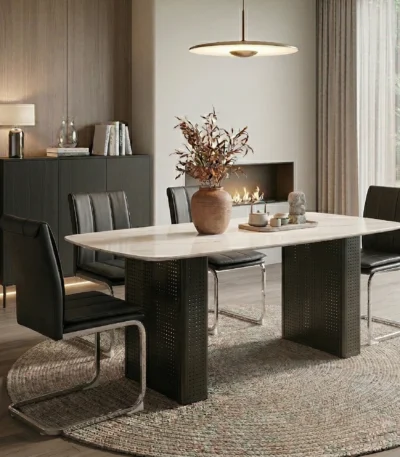 Modern rectangular glass dining table with marble pattern and black dual-pedestal base in a dining room setting