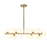 Modern white bubble chandelier with LED lights hanging above a dining table in a bright living room.