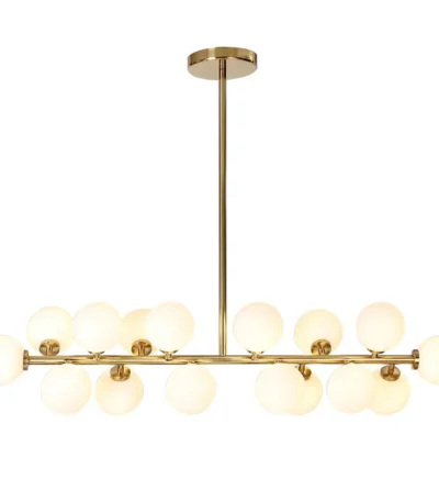 Modern white bubble chandelier with LED lights hanging above a dining table in a bright living room.