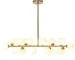 Modern white bubble chandelier with LED lights hanging above a dining table in a bright living room.