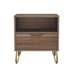 Brown nightstand with drawer and open shelf on gold hairpin legs, modern style, brown finish